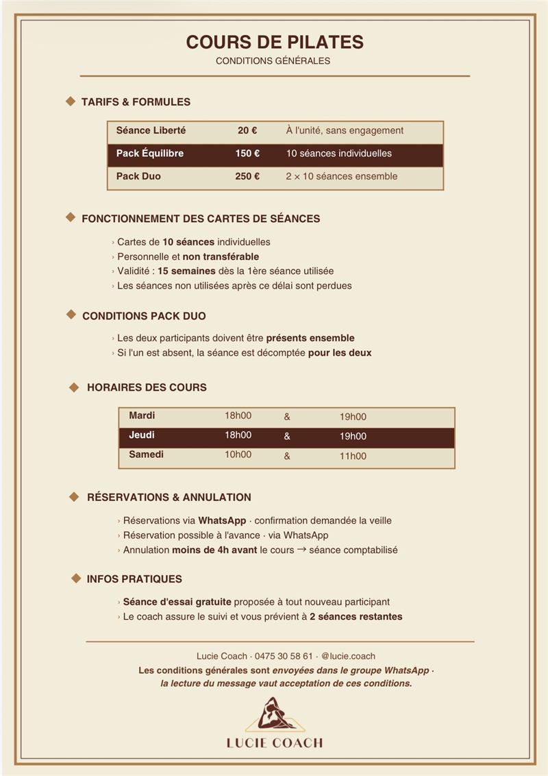 Conditions générales des cours de pilâtes